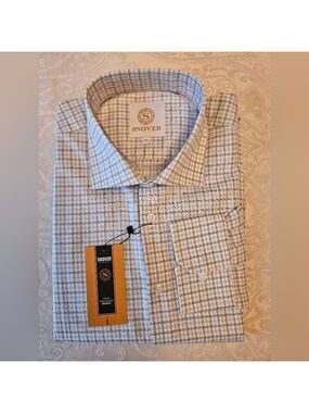 Men's Formal Grey Cotton Grid Checkered Shirt, Snover, NWT, 44, 17.5", XL